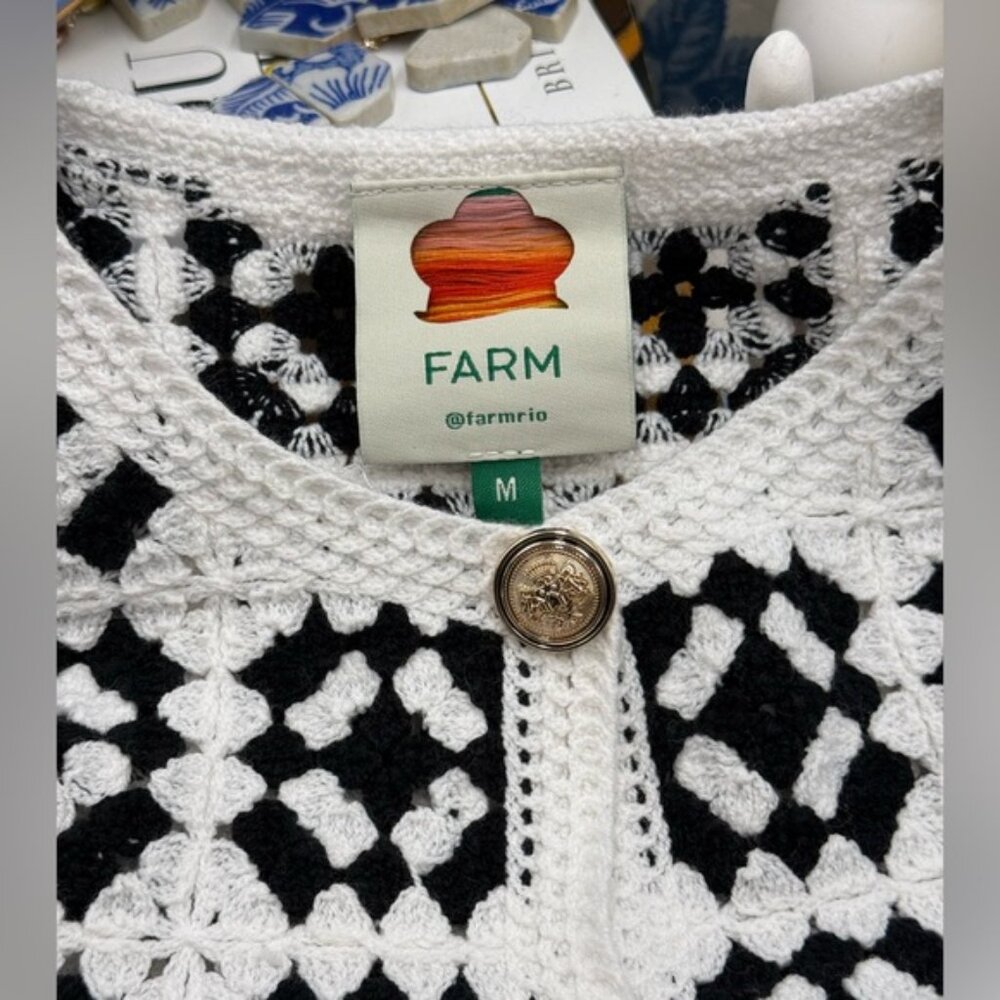 🆕 FARM Rio 🧿 NWT Patch Crochet Black & White Monochrome Button Up Jacket, Sz M - Picture 12 of 15